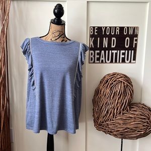 Retrology Blue Textured Ruffled Shoulder Rhinestone Embellished Sleeveless Top